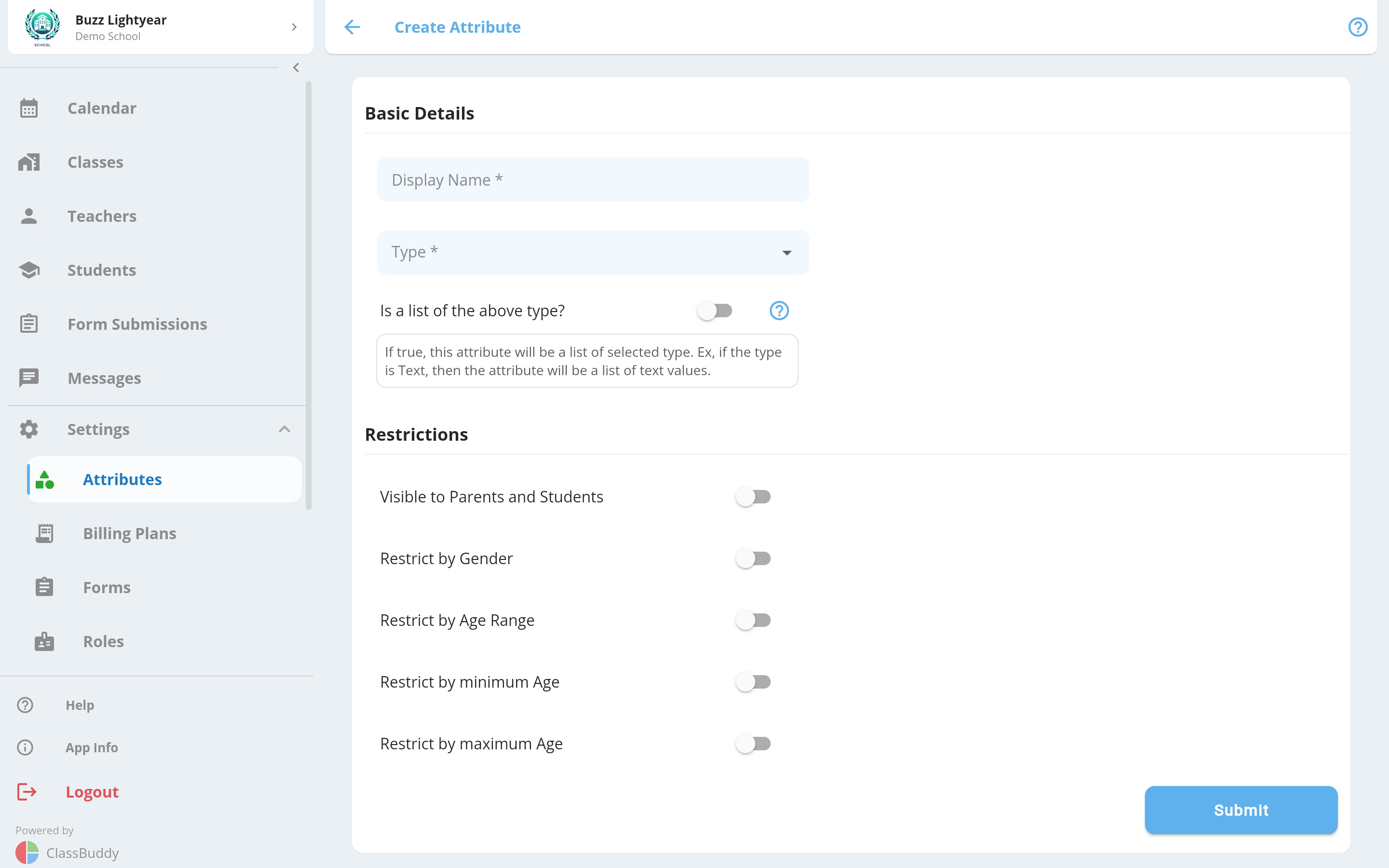 Create attribute form