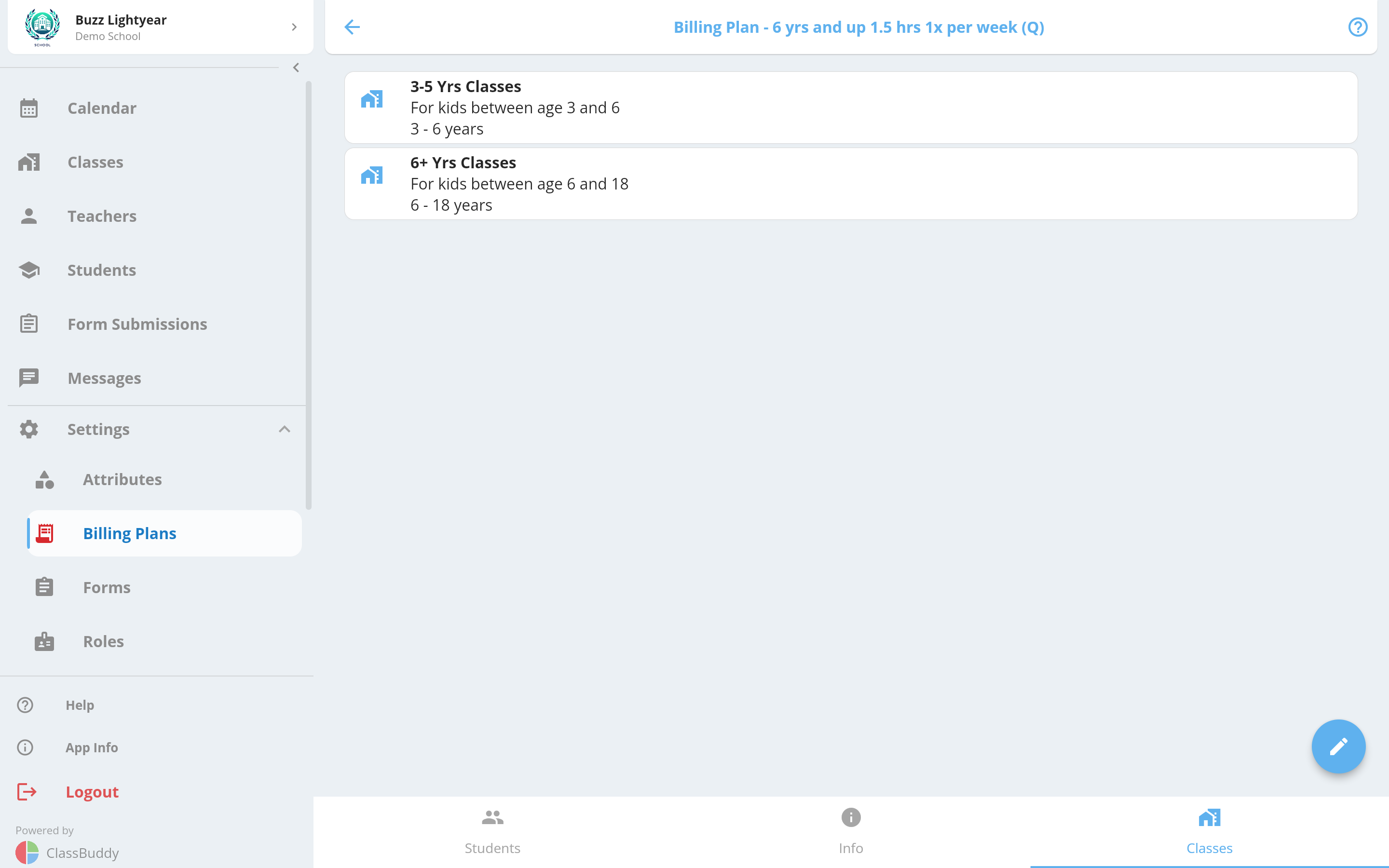 Billing plan classes tab