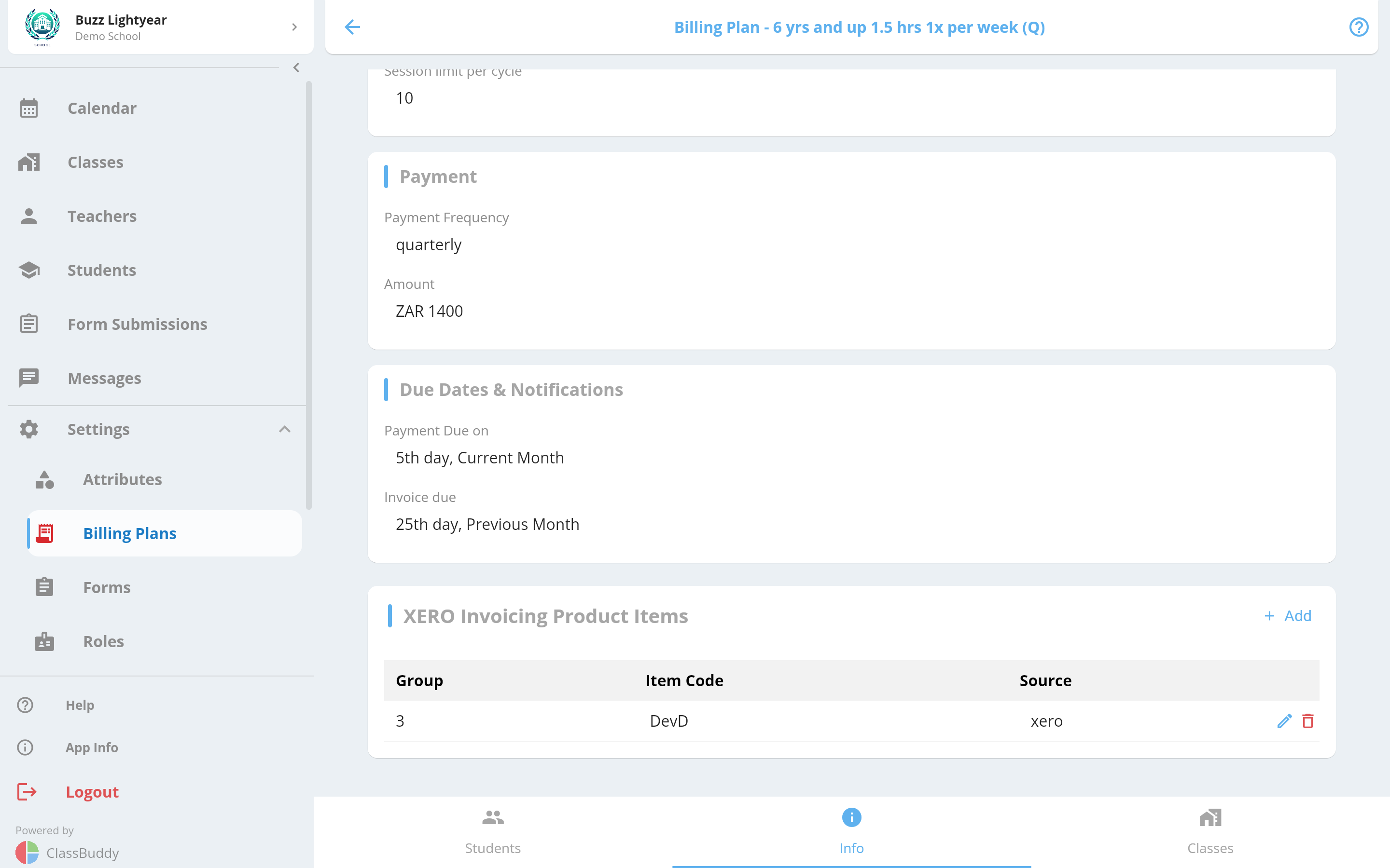Billing plan - XERO invoice items