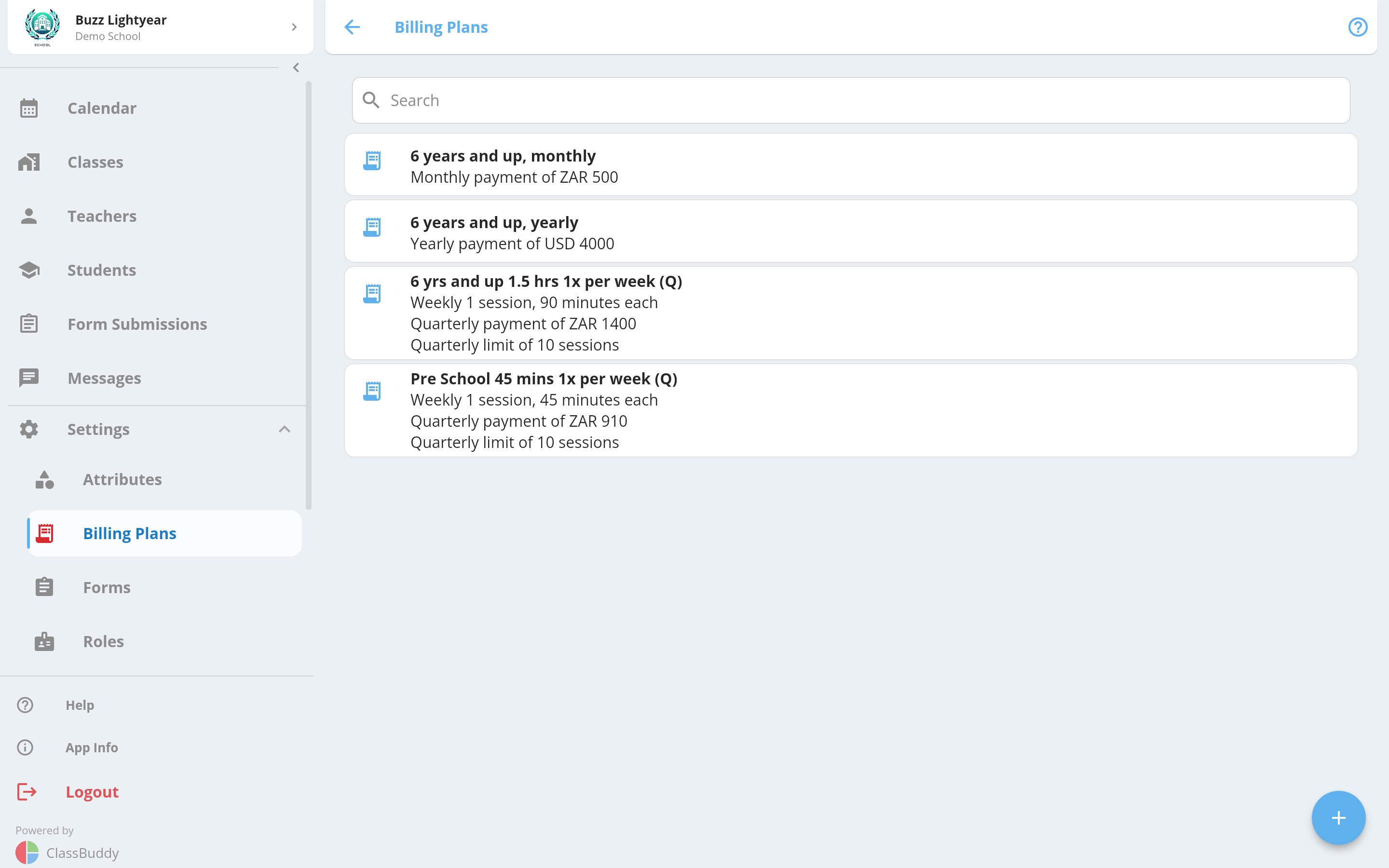 Billing plans list