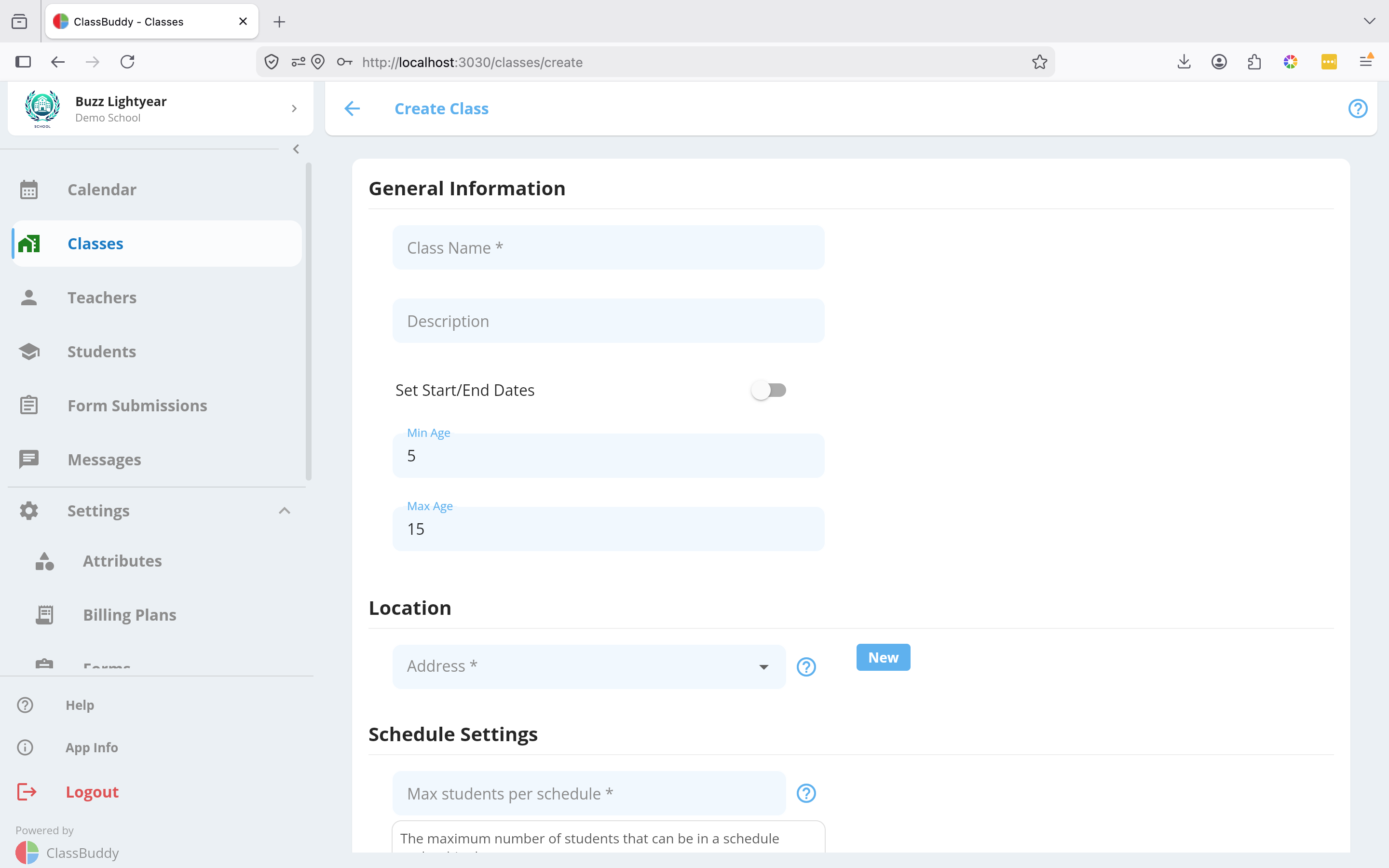 Create Class form