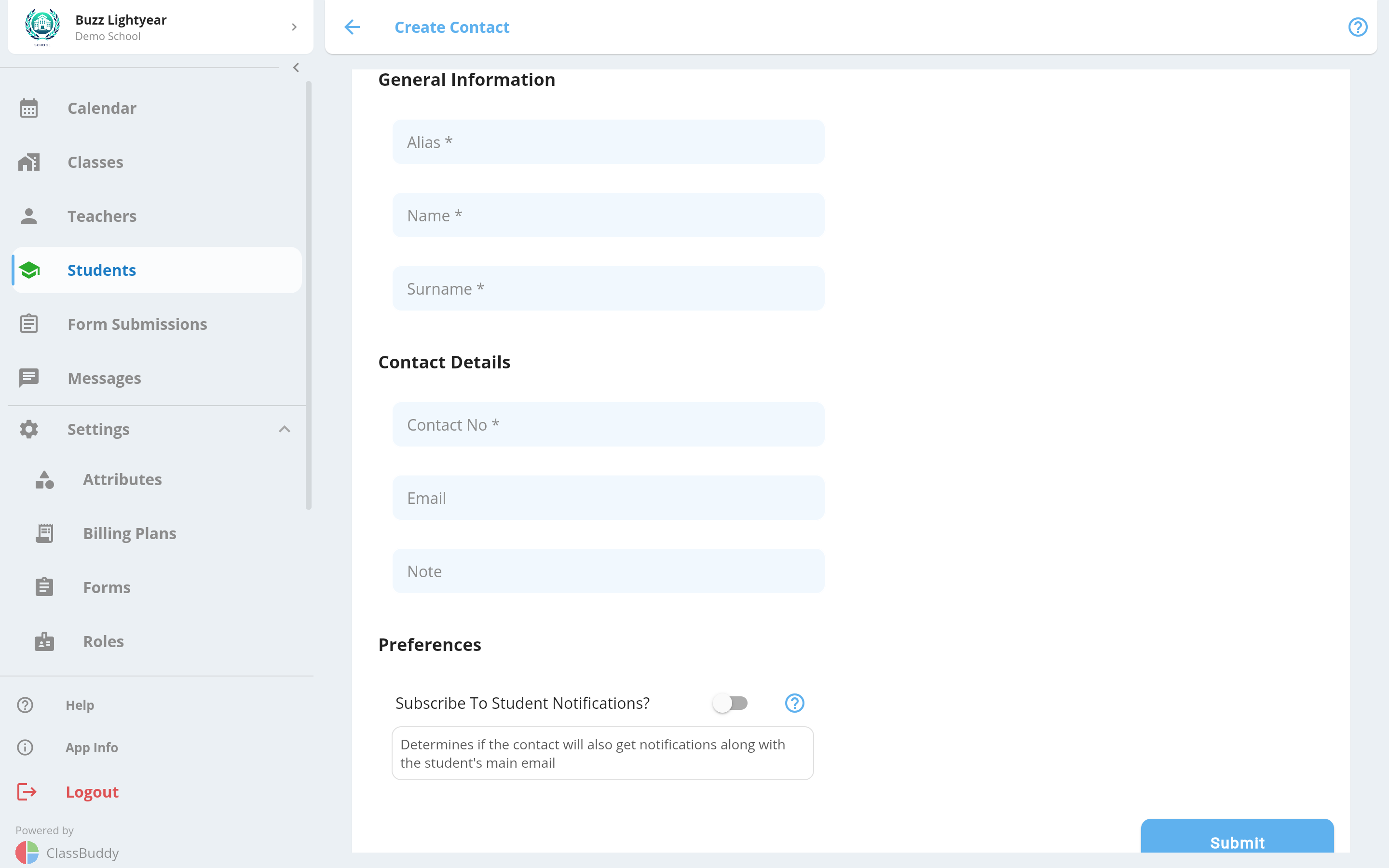Student contact - Create