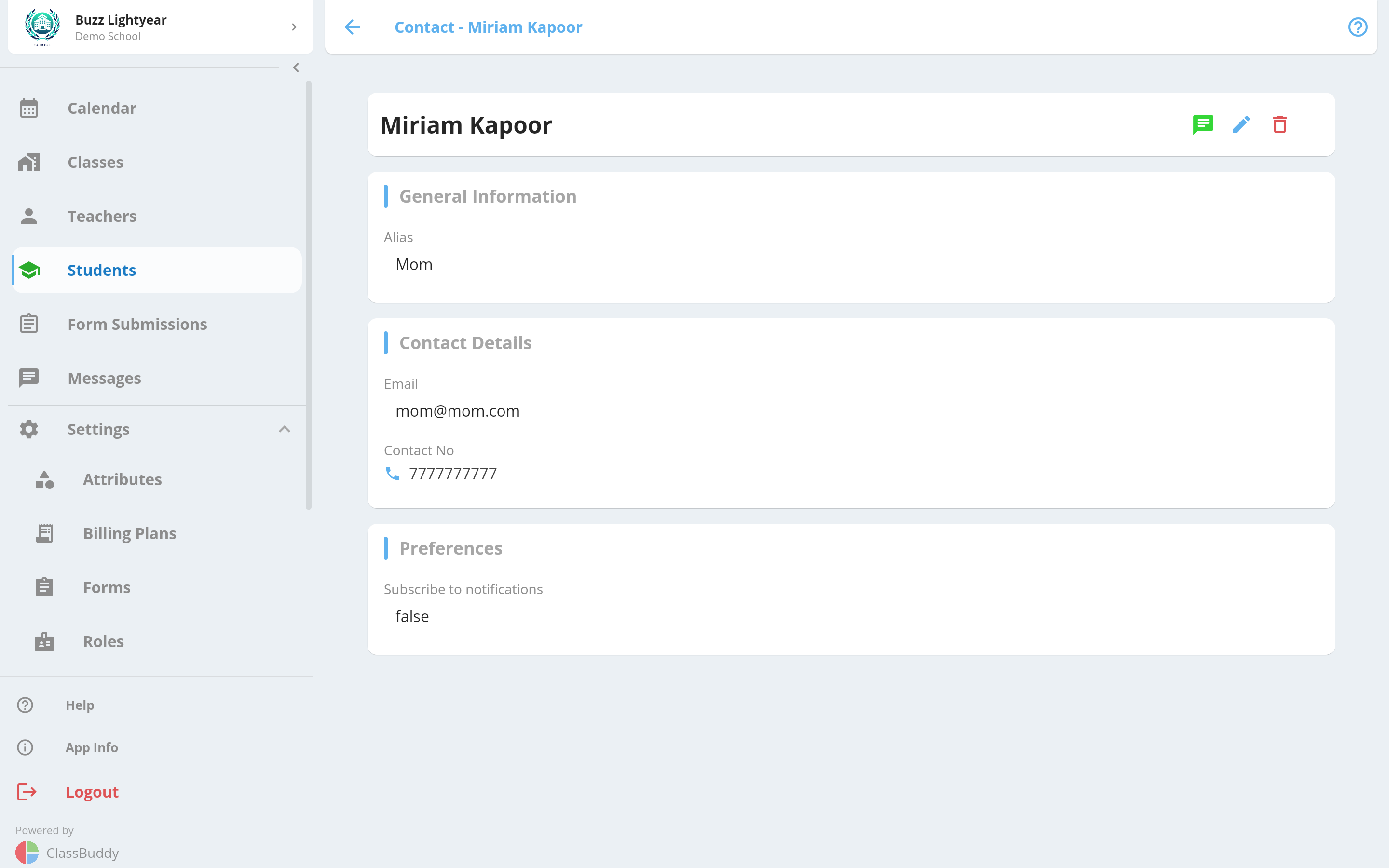 Student contact - View