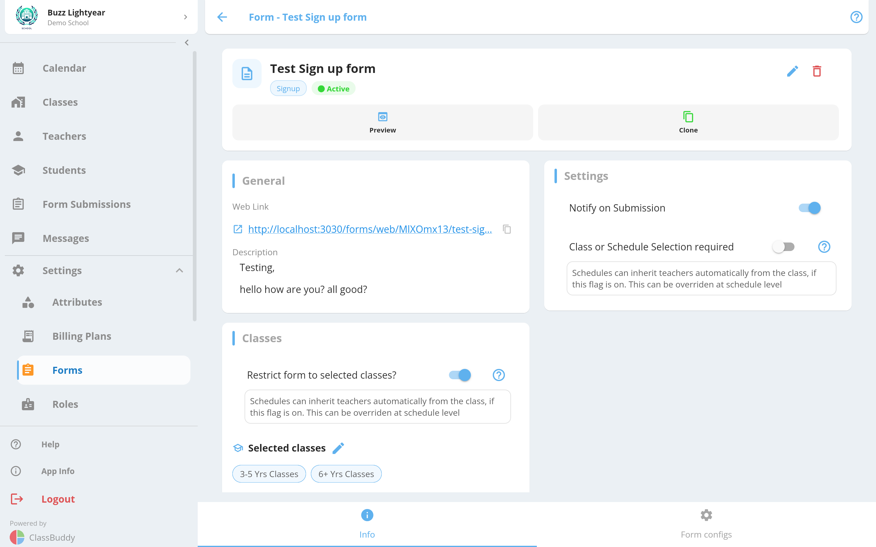 Form info tab showing shareable link