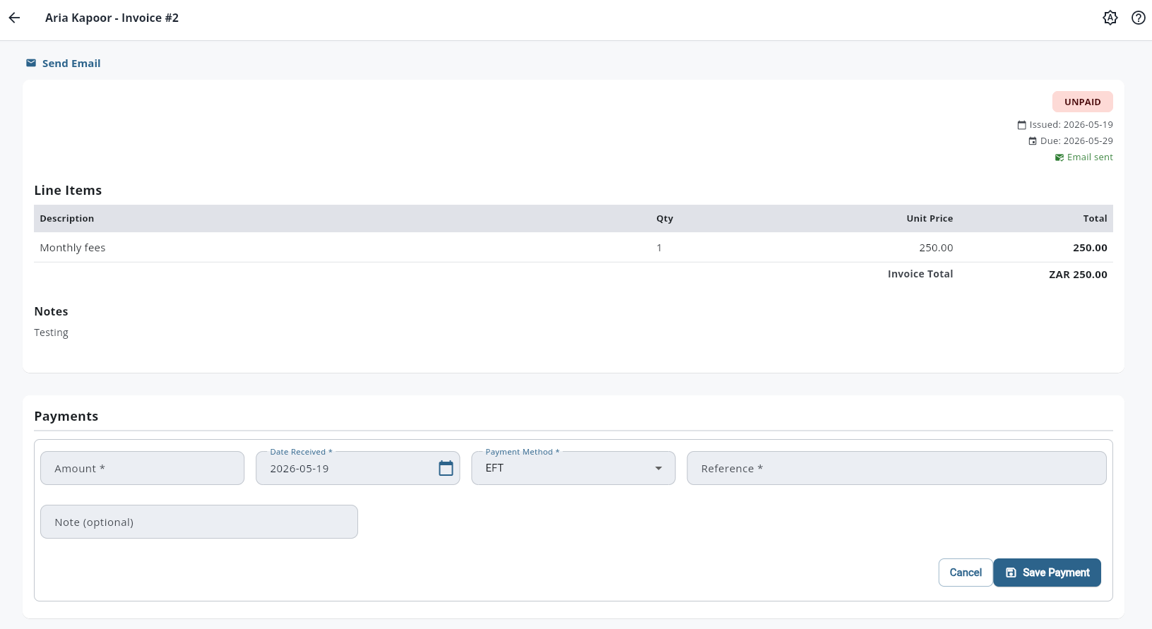 Record payment form