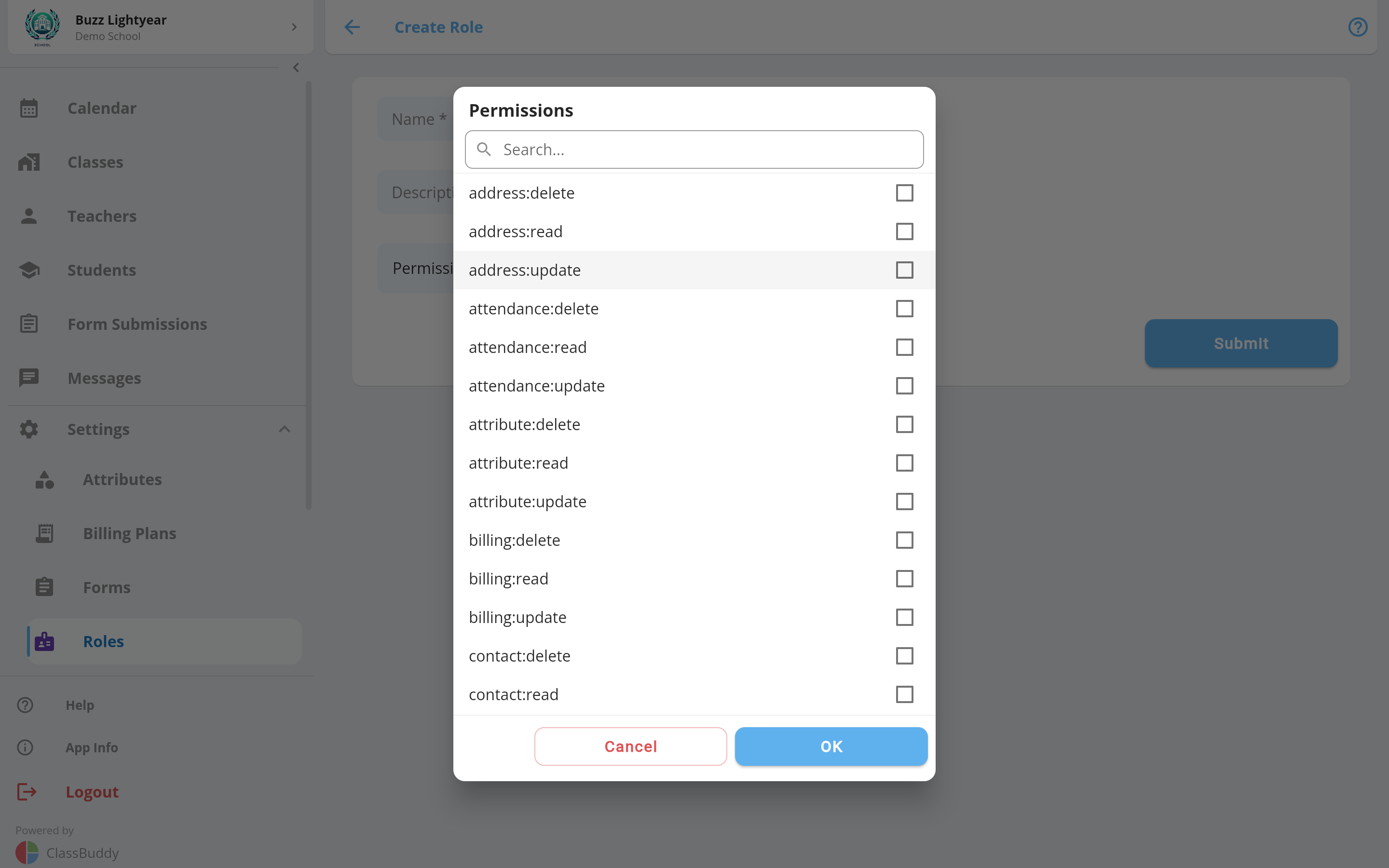 Selecting role permissions