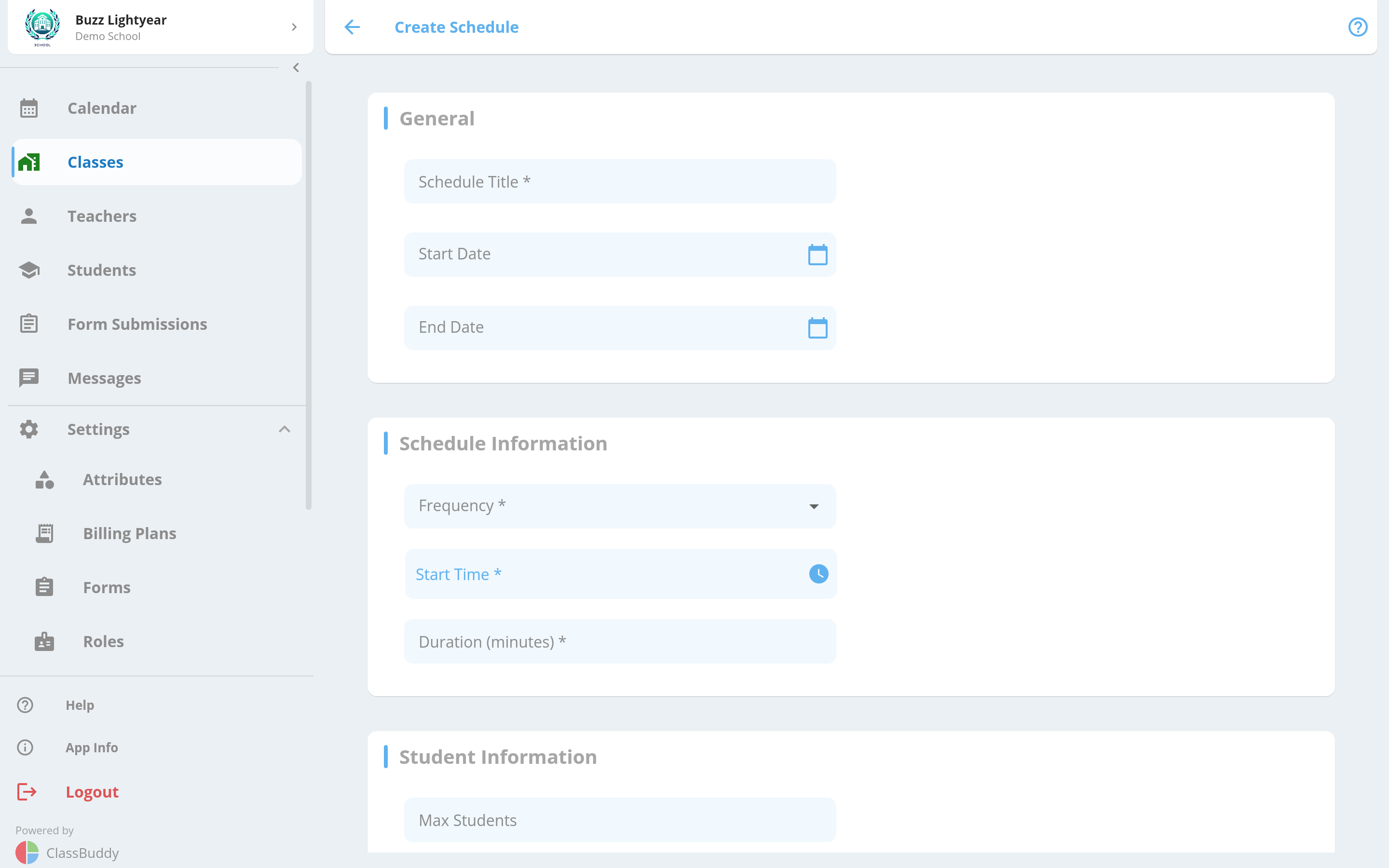 Create Schedule form