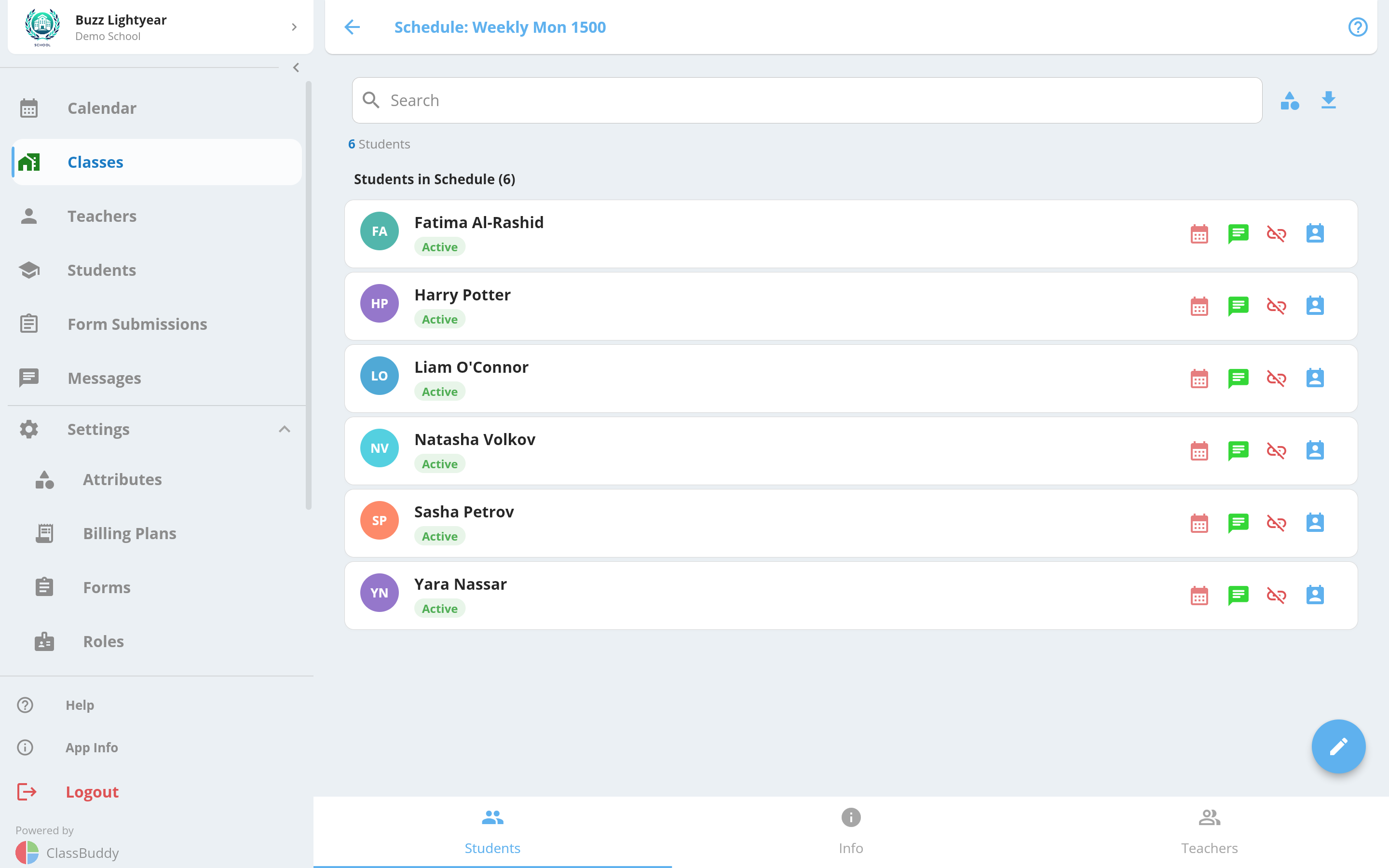 Schedule students tab