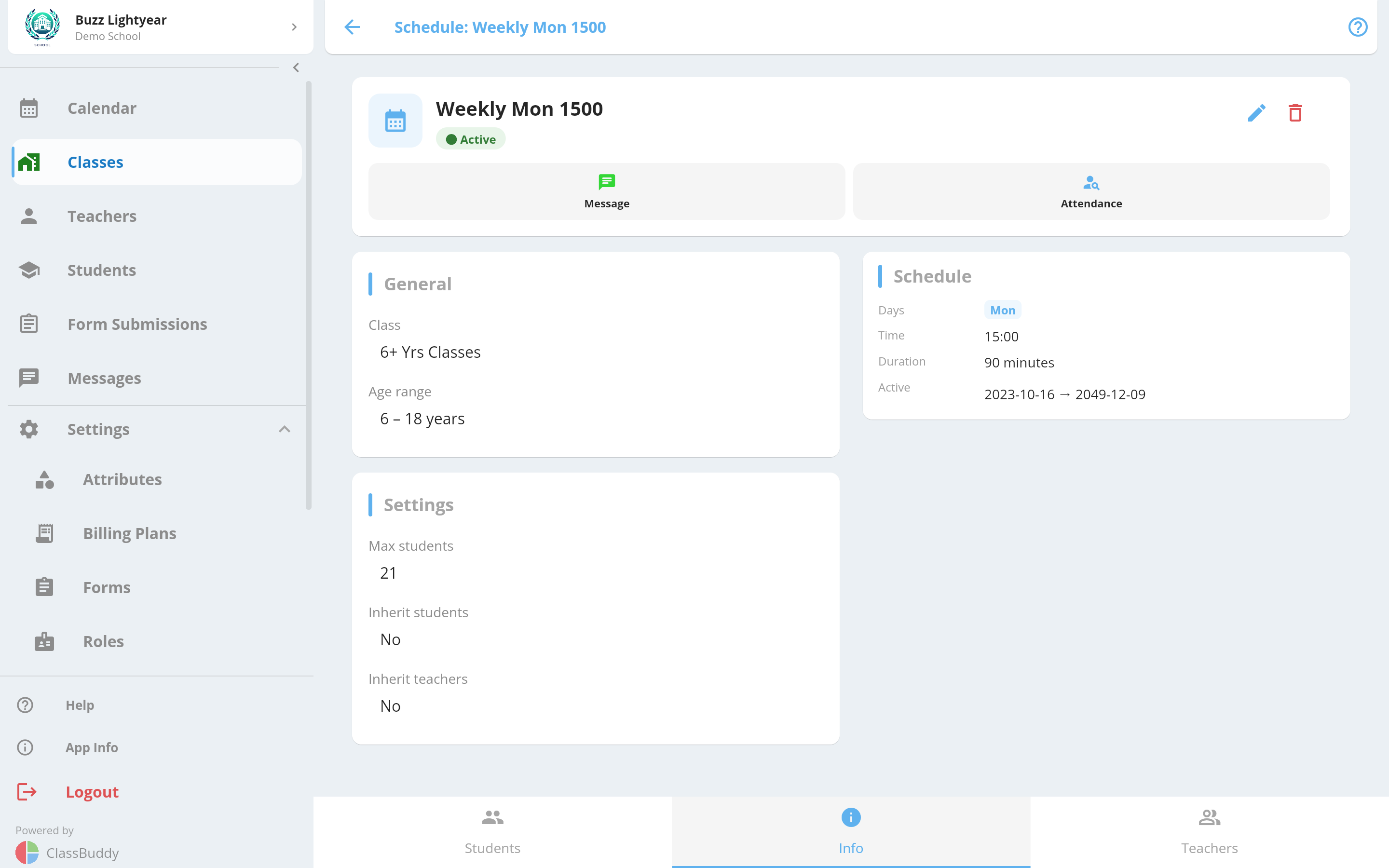 Schedule info tab
