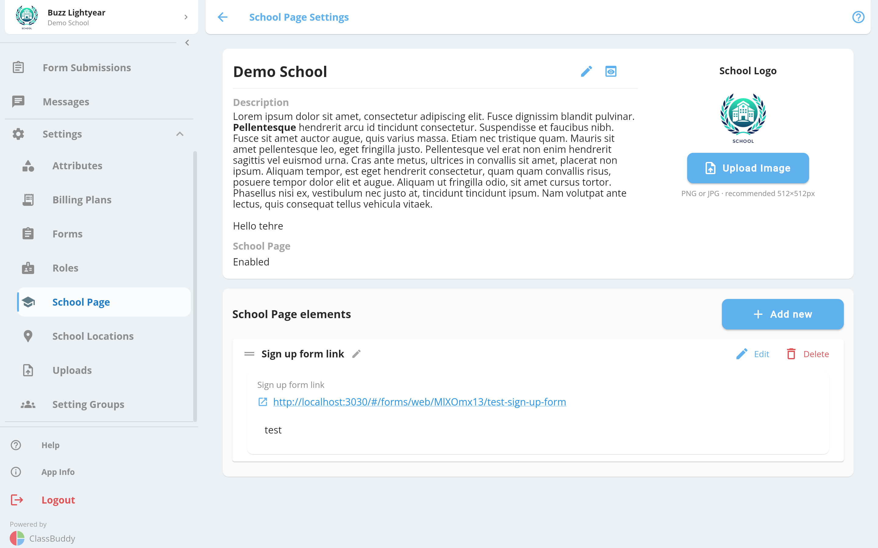 School page settings