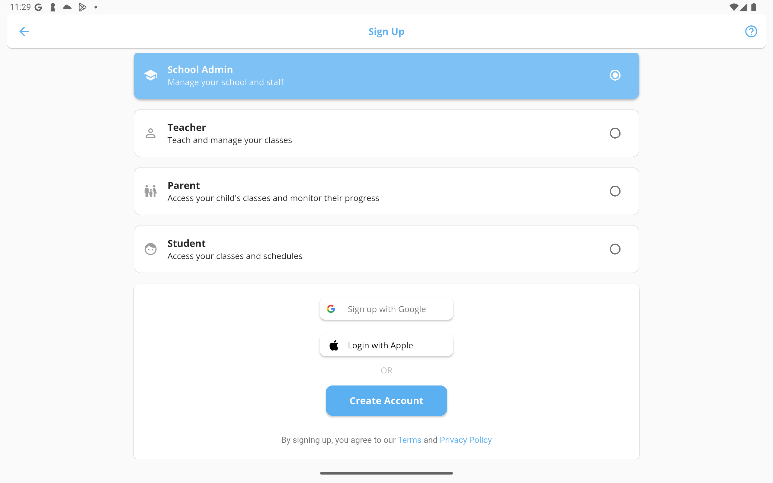 Account type selection