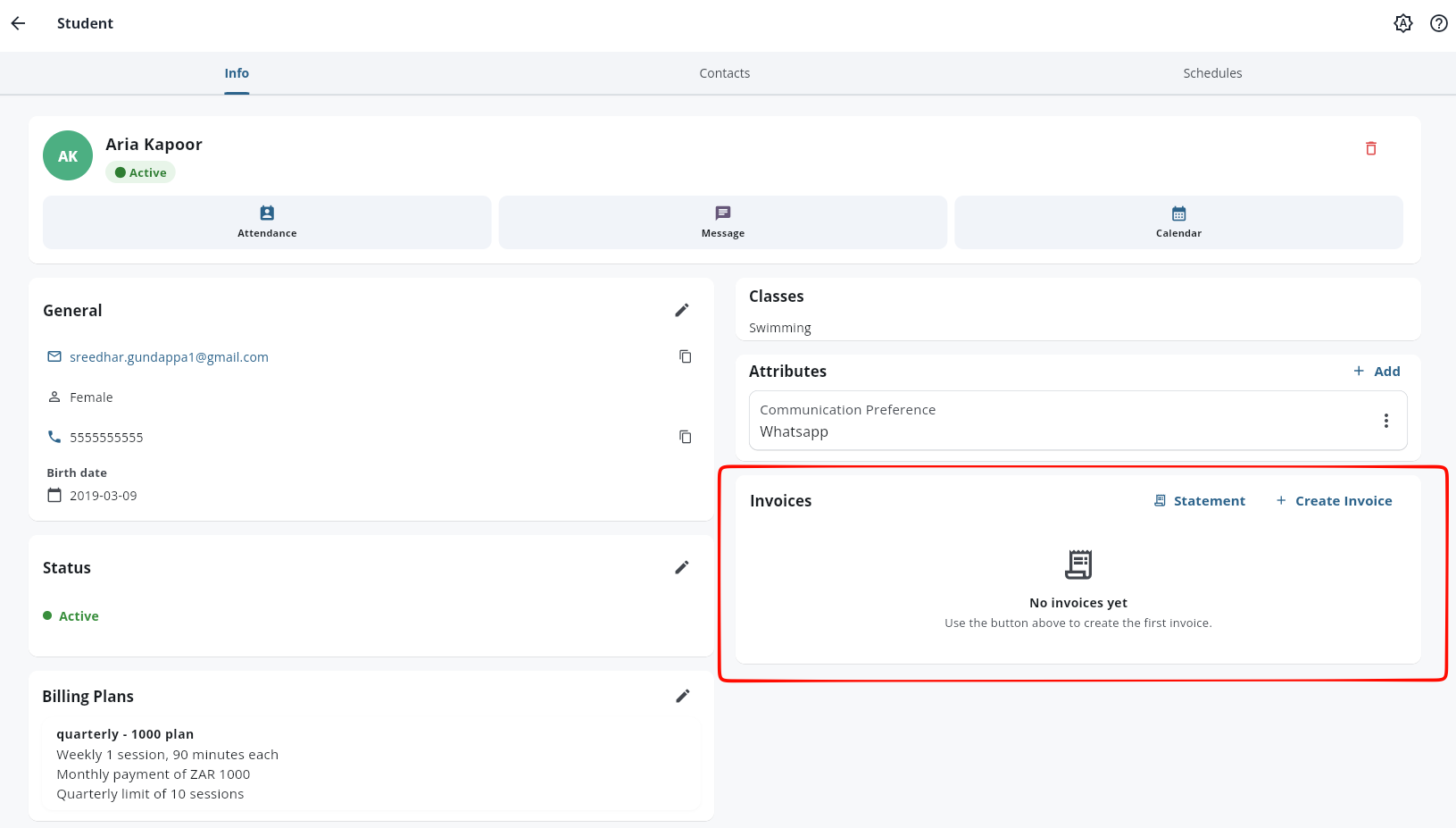 Student Invoice block