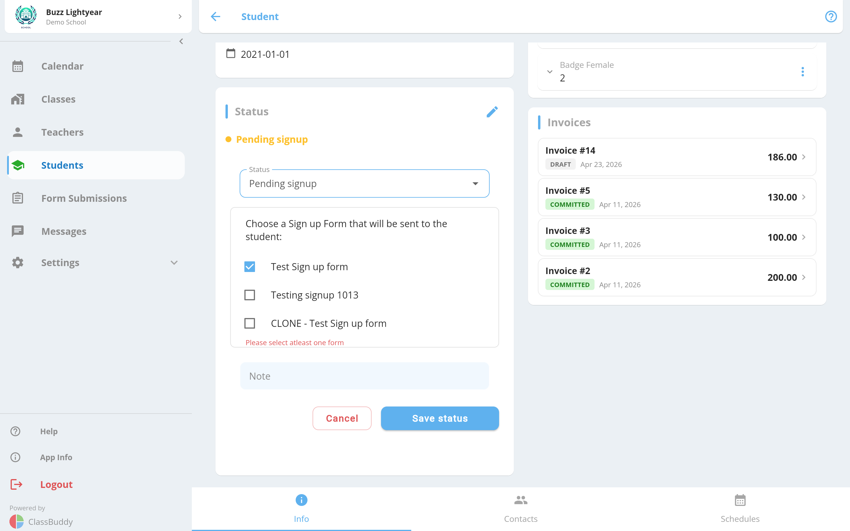 Student pending signup status