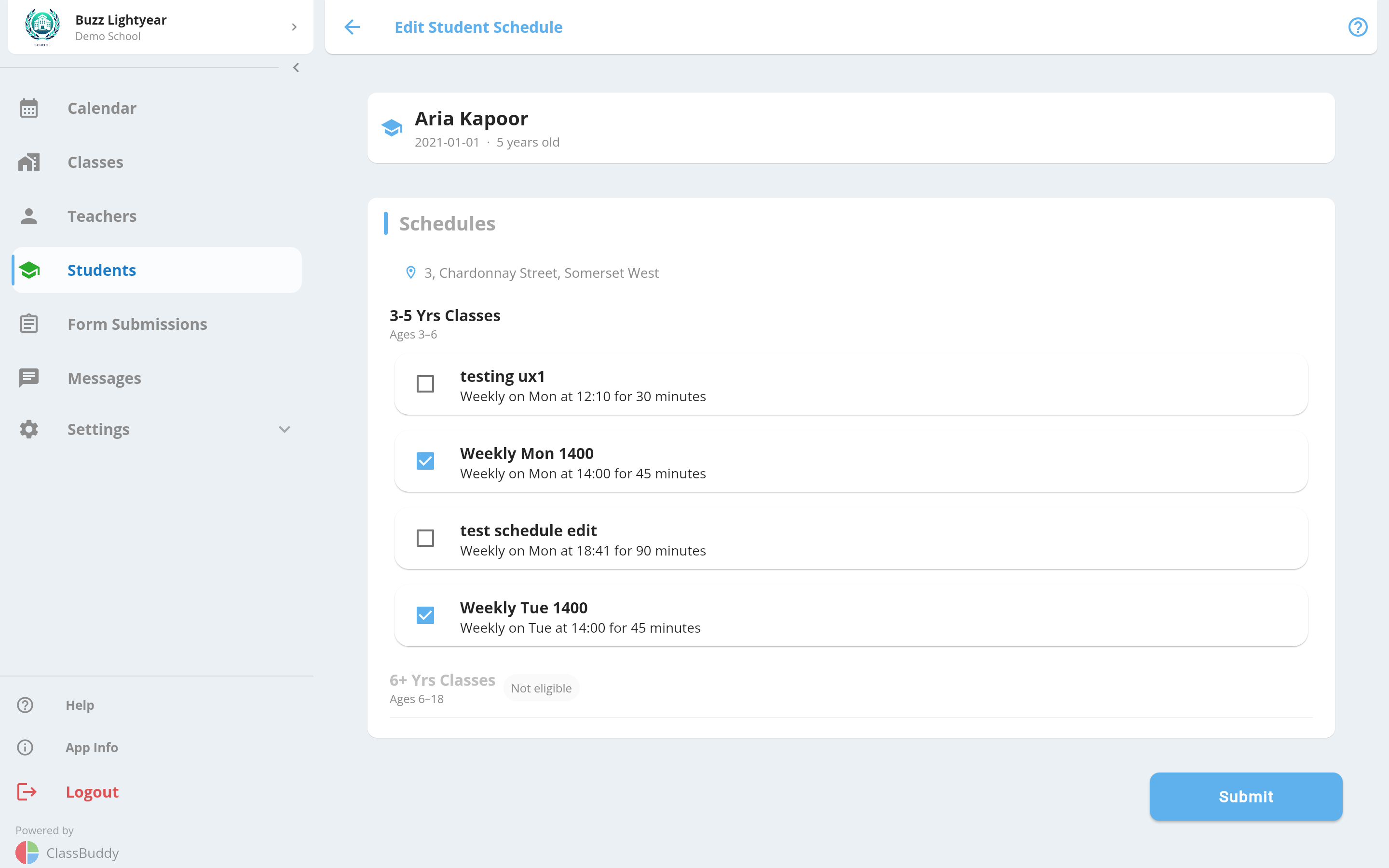 Students Schedules Edit