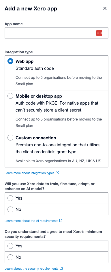 Xero new app form