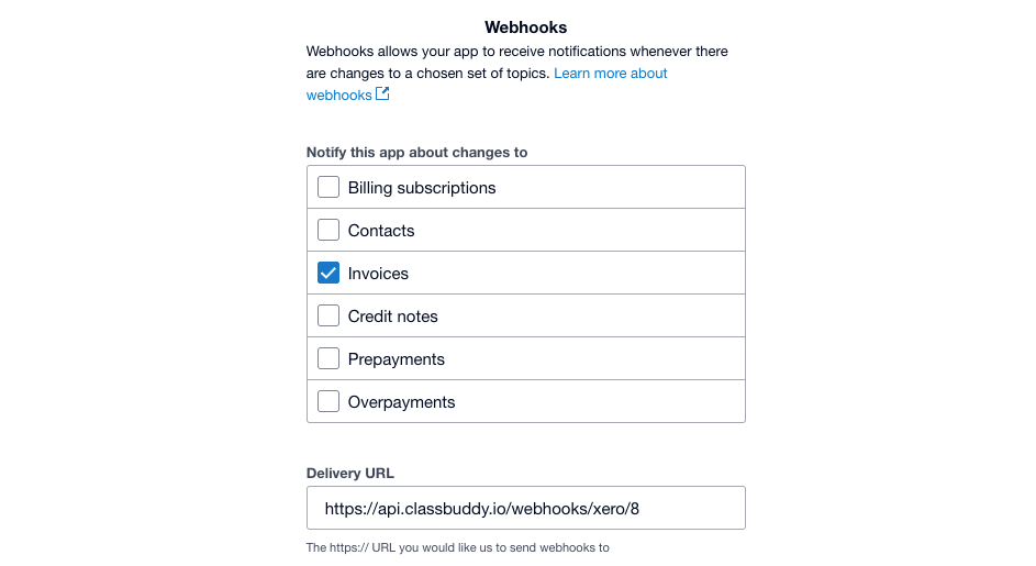 Xero webhooks configuration